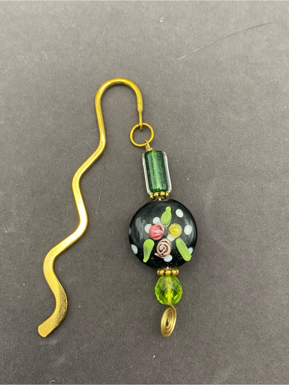 Black and Green Art Glass with Brass Floral Bookmark Charm